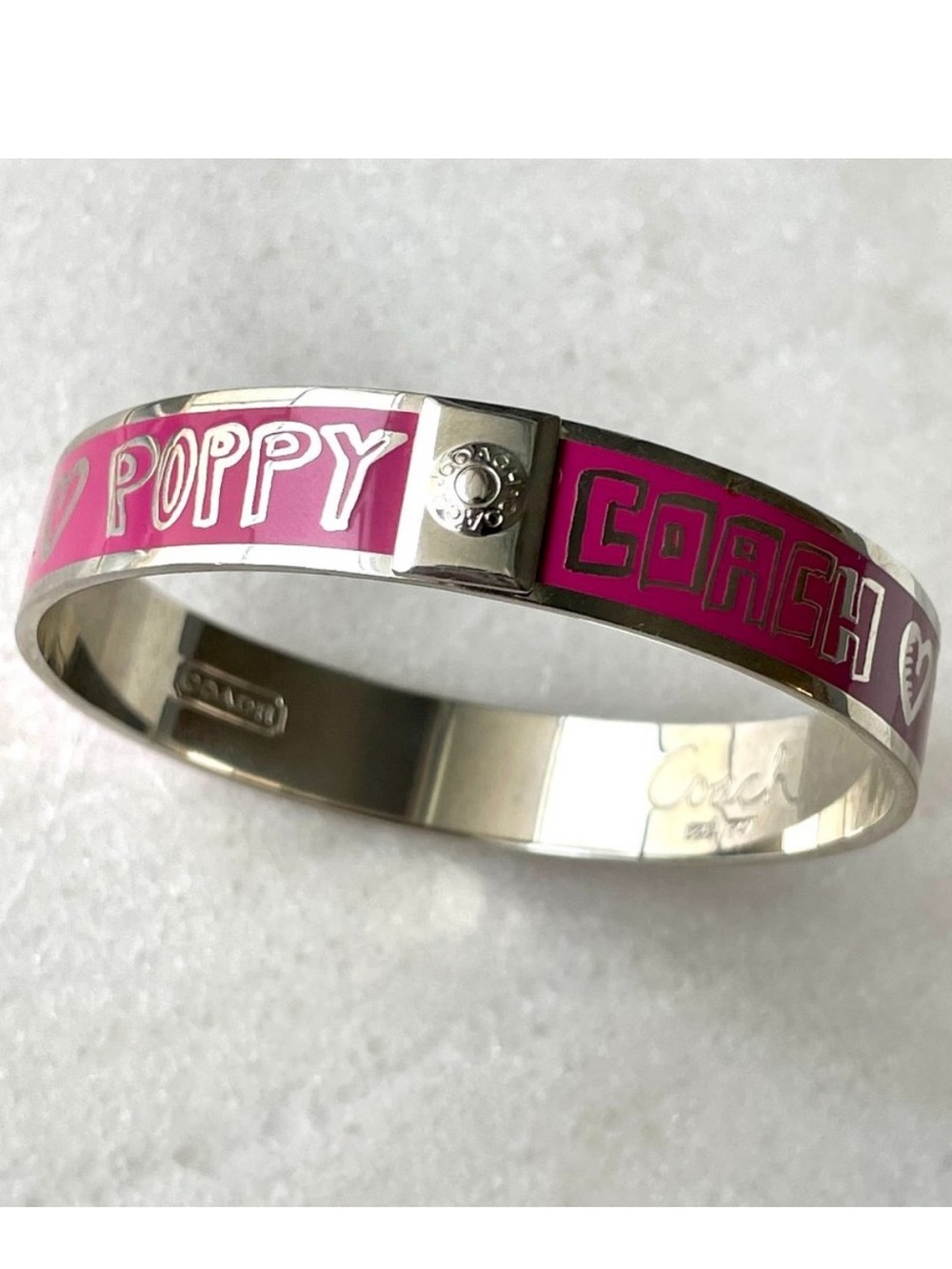 NEW Coach Pink Poppy Enamel Silver Logo Bangle